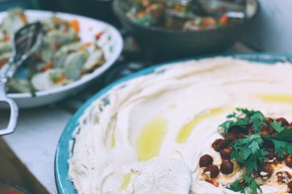 white cream on blue ceramic bowl